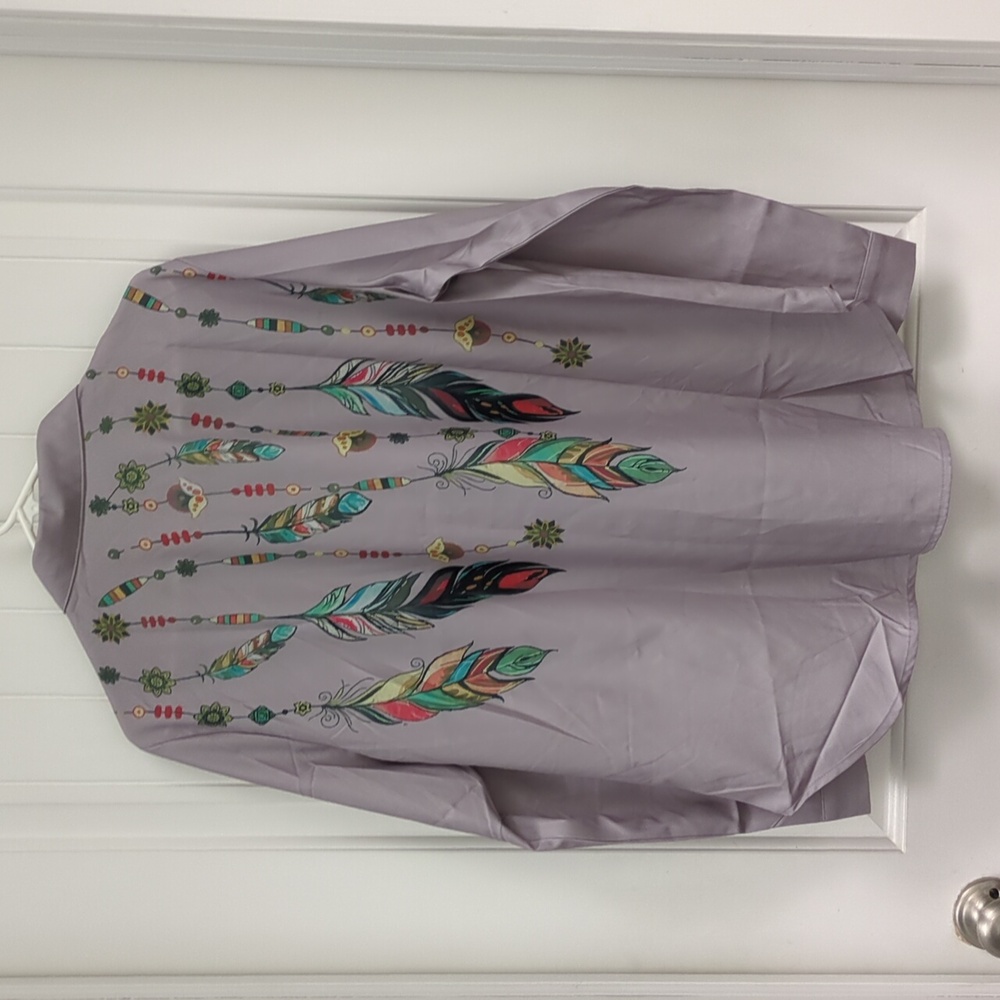 Colorful Feather Print Women's Button-Up Shirt - Picture 5 of 5